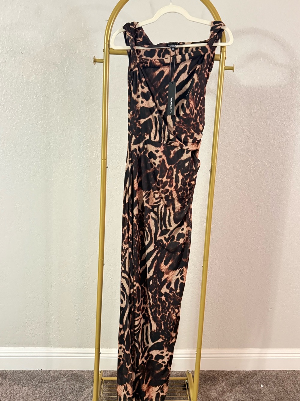 NWT Fashion Nova Hot On Purpose Animal Print Maxi Dress Brown Combo M